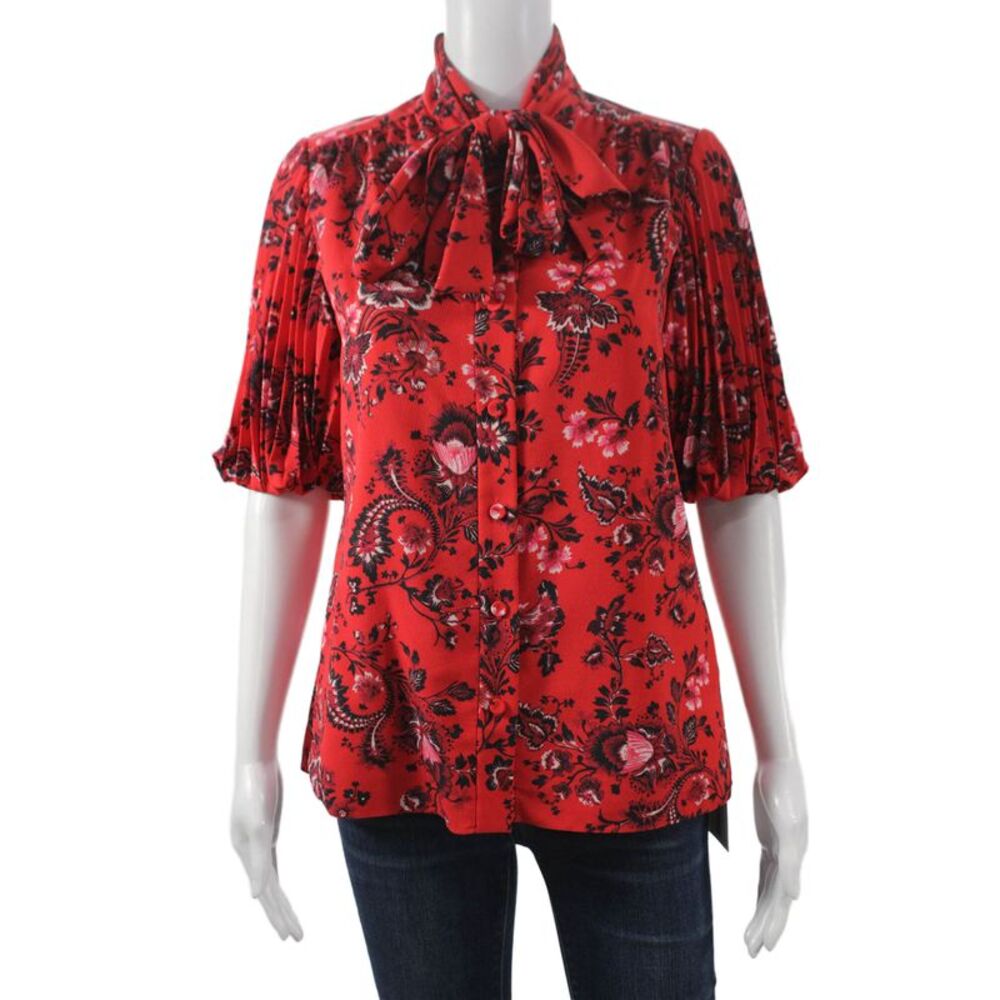 Erdem Womens Red Floral Collared Short Sleeve Blouse Polyester Size 2